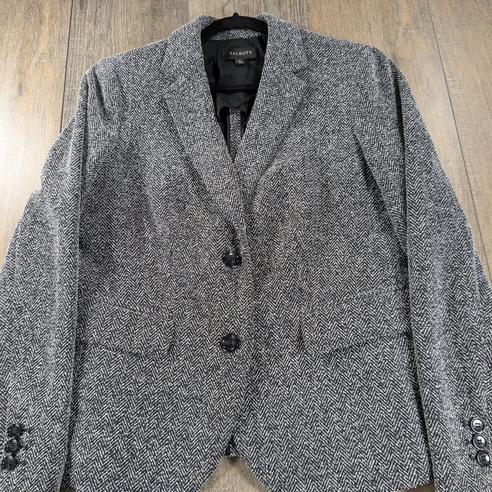 Talbots Blazer Jacket Womens Large Gray Twill Long Sleeve Button Up Preppy